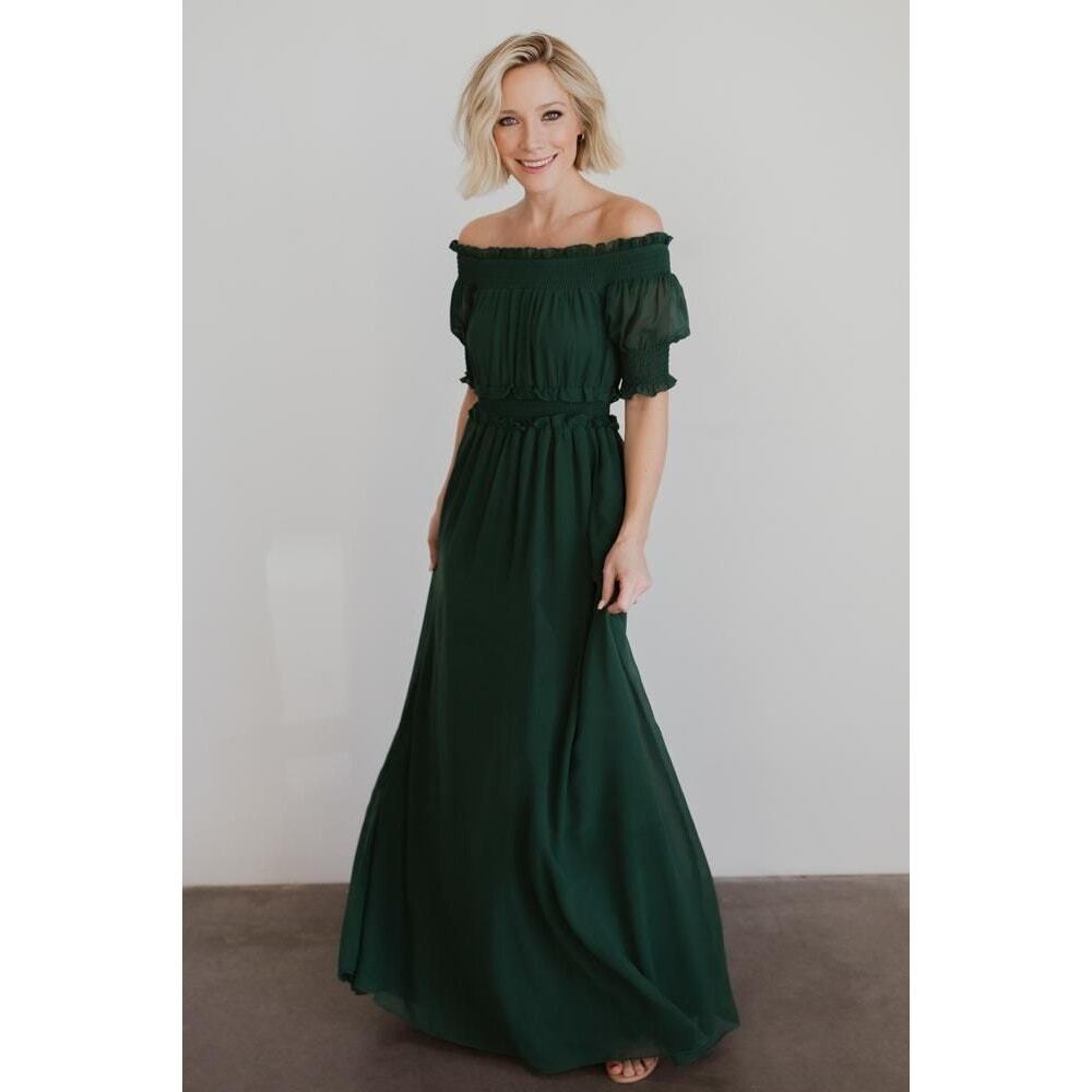 Baltic Born Forest Green Smocked Chiffon Maxi Dress XS Ruffle Puff Sleeve Gown